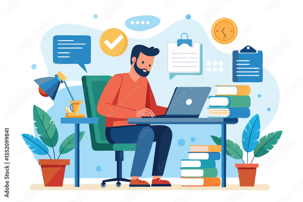 Poster concept illustration showing a man working on his laptop in an office setting, emphasizing the theme