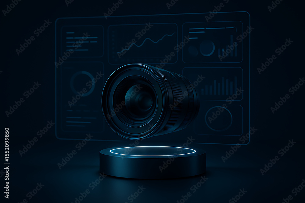 Poster futuristic camera lens floating above holographic digital dashboard with analytics and charts repres
