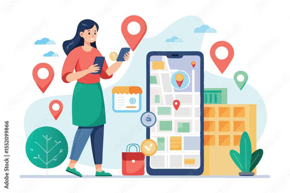 Poster woman using smartphone for store locator to find nearby shops in a vibrant urban setting with map el