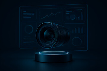 Futuristic camera lens floating above holographic digital dashboard with analytics and charts representing smart photography technology innovation and data driven imaging systems