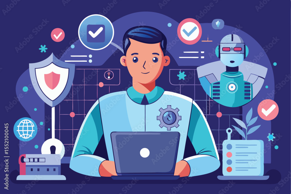 Poster flat illustration depicting a professional man utilizing artificial intelligence to enhance cybersec