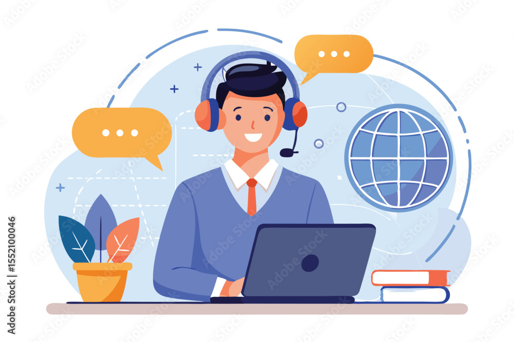 Poster customer service agent assisting clients through a hotline in a modern workspace during daylight hou