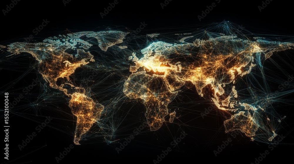 Poster illuminated digital network map displaying global connectivity virtual environment data visualizatio
