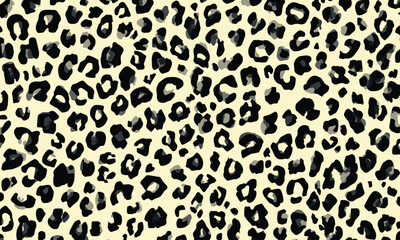 Leopard print pattern, seamless repeating pattern, vector illustration, flat design, simple shapes, black and white with subtle hints of pale yellow.