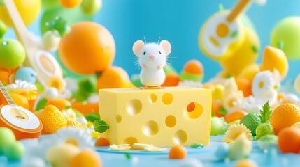 Fototapeta premium Cute mouse on cheese amidst fruit & musical instruments