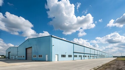 Obraz premium Expansive Industrial Warehouse Building Under a Cloudy Blue Sky