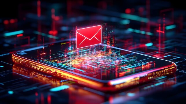 Red email notification on glowing phone, digital background, cybersecurity