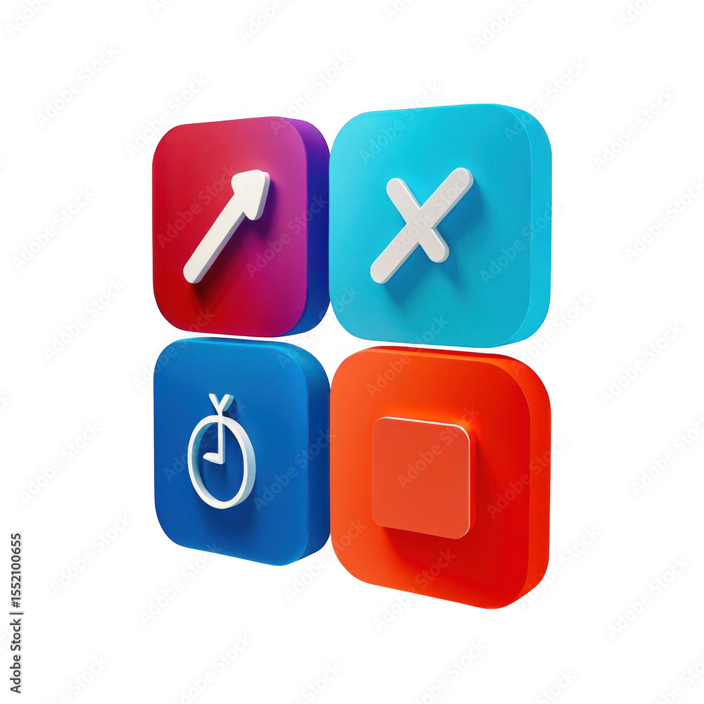 Poster four colorful 3d app icons with symbols isolated on transparent background