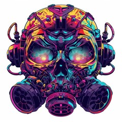 A skull wearing a vibrant, colorful, futuristic gas mask.