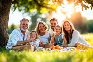 happy family enjoying picnic under tree in park, three generations (grandparents, parents, kids), vibrant summer colors, authentic smiles, natural sunlight