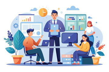 Business team collaborating in a modern office with presentations and technology, showcasing teamwork and productivity