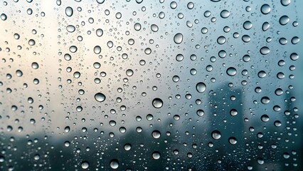 Close up view of raindrops on a windowpane with a blurry cityscape background