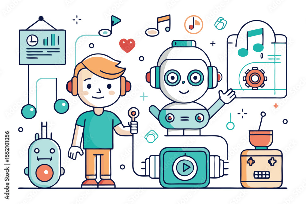 Poster engaging line icons depicting interactions between a child and a smart robot in a playful and educat