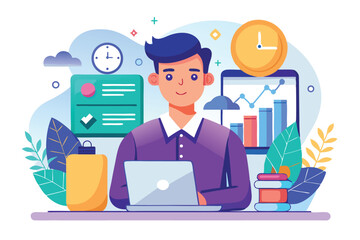 Vector illustration portraying an individual engaged in full-time remote work at a modern home office with digital tools and relaxing greenery around