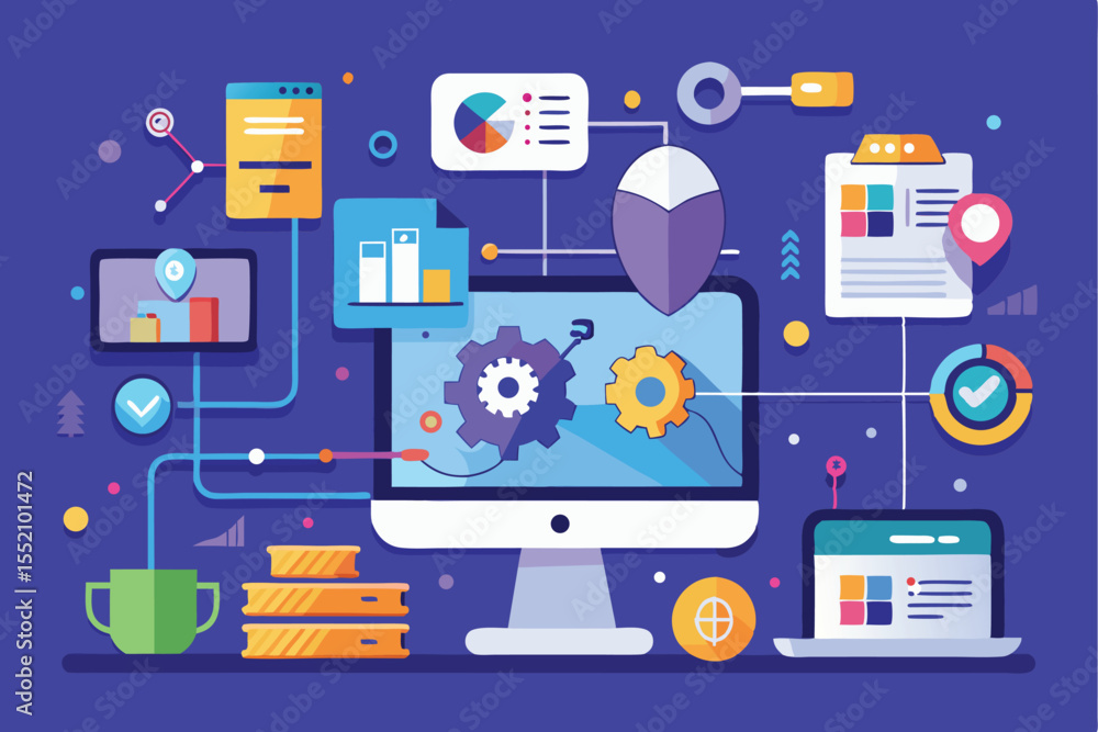 Poster digital illustration depicting a flat design of computing processes with devices and symbols on a pu