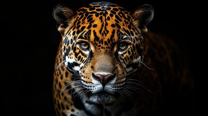 Obraz premium Dramatic capture of a jaguar's face illuminated by moonlight tropical rainforest wildlife photography nighttime close-up intense visual impact