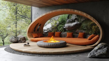 Wooden seating area with fire pit and natural views.