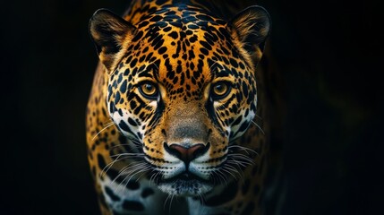 Obraz premium Dramatic shot of a jaguar's face illuminated by moonlight jungle wildlife photography nighttime close-up nature's majesty