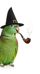 Naklejka premium A whimsical wizard parrot wearing a hat and smoking a pipe, perfect for fantasy, storybook, or magical-themed designs