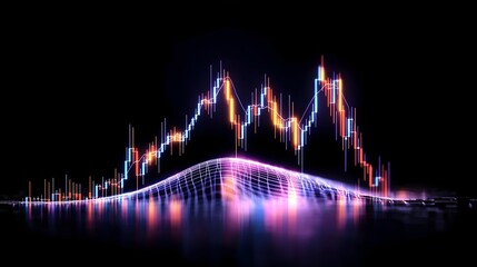 Neon stock market graph, digital landscape, trading data, night background, financial analysis