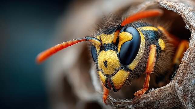Close-up of a vibrant wasp emerging from its nest in a natural setting showcasing intricate details and colors on a sunny day