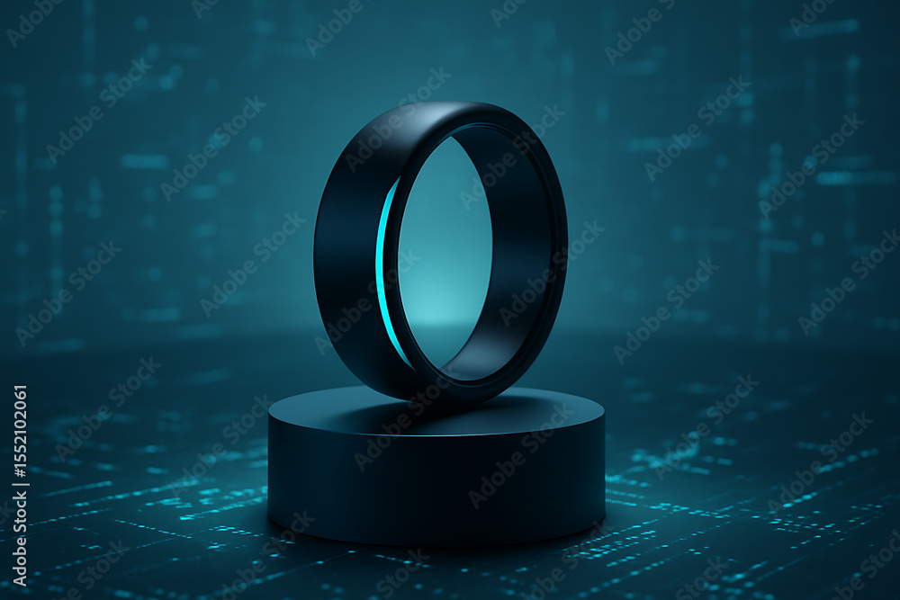 Aufkleber futuristic smart ring glowing with blue light on digital tech platform representing wearable technol