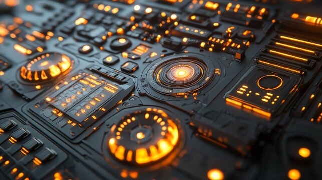 Spaceship futuristic bridge control panel showing data analysis and radar