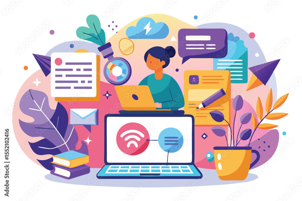 Poster exploring creative avenues in blogging with digital tools and vibrant visuals showcasing content cre