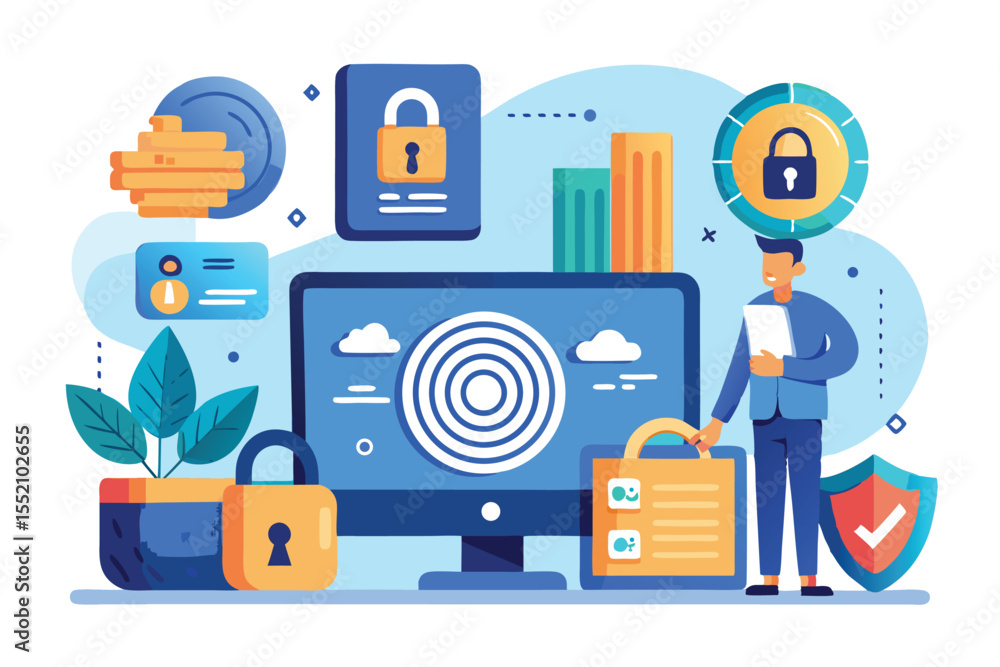 Poster biometric authentication concept showing digital security elements with a professional interacting w