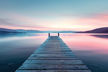 Naklejka premium A serene lake scene with a wooden pier stretching into calm waters at sunset