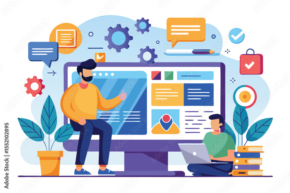 Poster web development concept illustrating cartoon characters collaborating on a laptop and desktop in a c