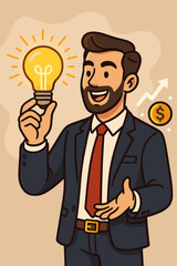 Businessman Cartoon Holding Glowing Light Bulb Idea, Successful Innovation, Creativity and Profit Growth Concept, Entrepreneur with Money Symbol, Finance Inspiration, Modern Vector Illustration