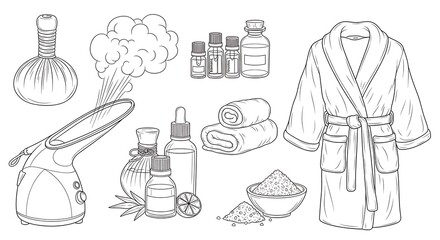 Spa Day Outline with Robe and Essential Oils Illustration