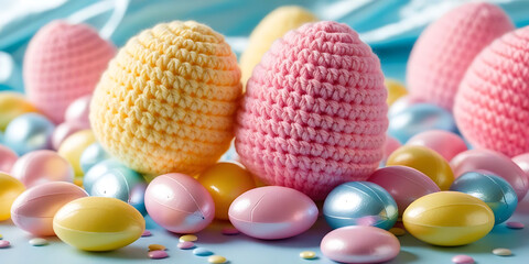 Colorful crocheted Easter eggs in pastel yellow and pink surrounded by pastel candy-coated chocolates

