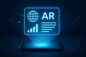 Futuristic smartphone projecting augmented reality hologram with data analytics bar graph and globe icon representing digital ar technology smart interface and mobile visualization platform