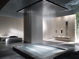 Elegant modern rainfall shower, luxurious spa bathroom, serene water feature, stylish minimalist design.
