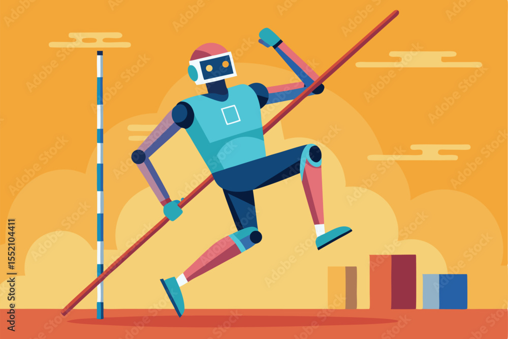 Poster robot demonstrates impressive skills by pole vaulting against a vibrant sunset sky while showcasing 