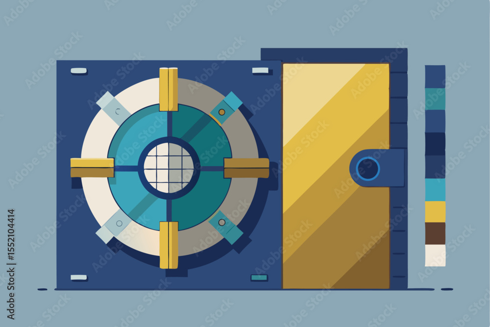 Poster minimalist vault door featuring a clean geometric handle design in a modern setting with a blue and 