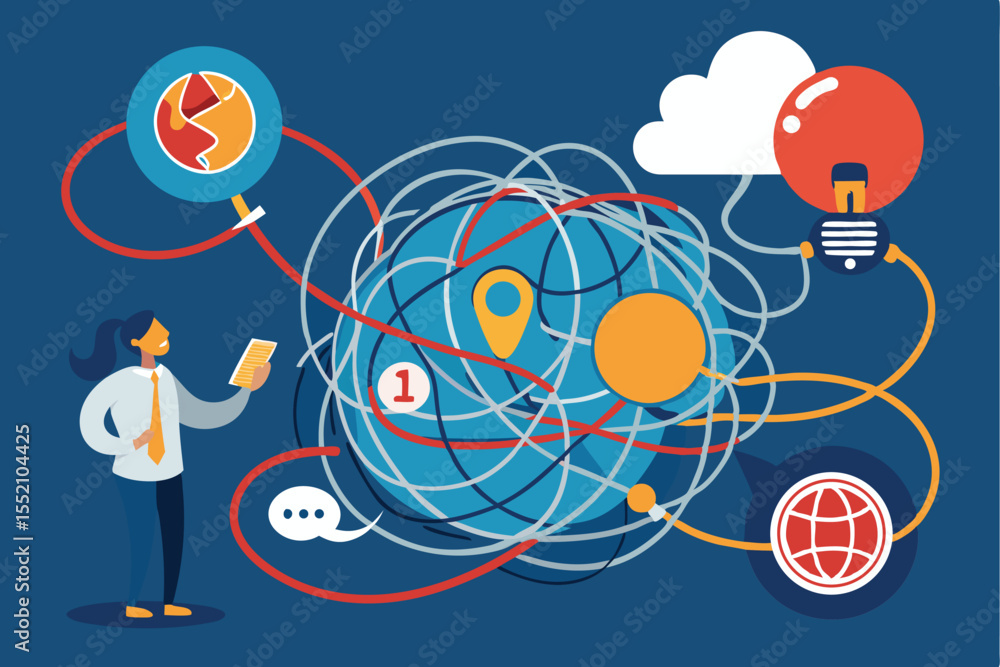 Poster exploring complexity through vector illustration of tangled connections symbolizing knowledge, commu