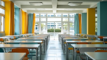 A large room with many tables and chairs. The tables are all empty