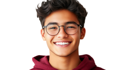 Young man with curly hair and glasses smiling brightly, wearing a maroon hoodie and showcasing a warm and friendly expression against a neutral background.