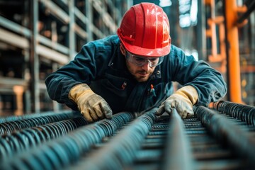 Male construction worker in red hard hat and gloves is inspecting metal rebar in a warehouse, showcasing attention to detail and safety in industrial work environment