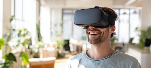 The man enjoying an immersive experience with a virtual reality headset in a modern space.