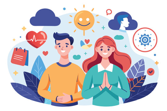 Mental health awareness and emotional support between a man and woman in a colorful, vibrant illustration showcasing well-being and positivity