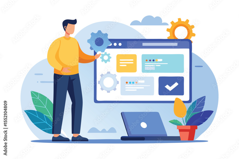 Poster man engaged in configuring an operating system on a website while standing beside a laptop and plant