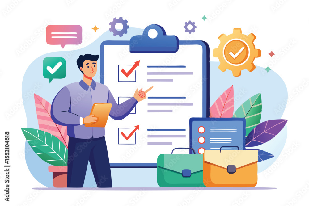 Poster business priorities list concept showing a person presenting a checklist with colorful graphics and 