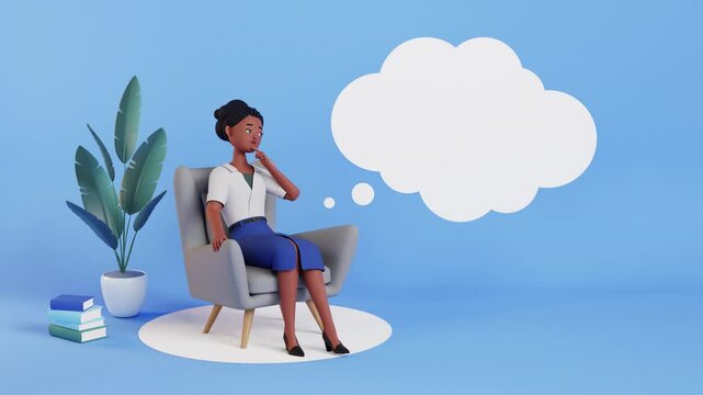 Female 3d character thinking and dreaming animation. Speech bubble or thought bubble above woman's head with copy space for text. Think, analyse. animated template video. Cartoon style, looped video