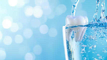 Close up of tooth submerged in clear water, surrounded by bubbles, creating refreshing and clean atmosphere