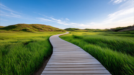 Winding wooden path through green hills under clear blue sky. wooden path in the field. Peaceful nature trail with wooden walkway in lush green field