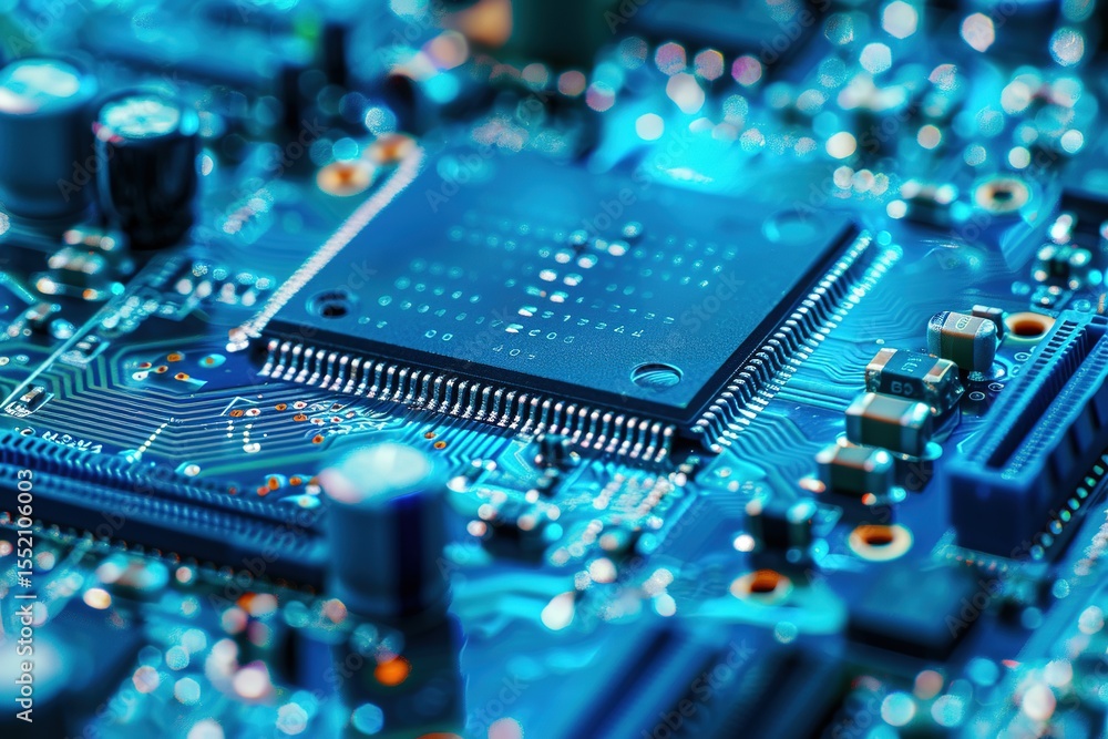 Poster complex microchip: a detailed macro shot of a motherboard's intricate components
